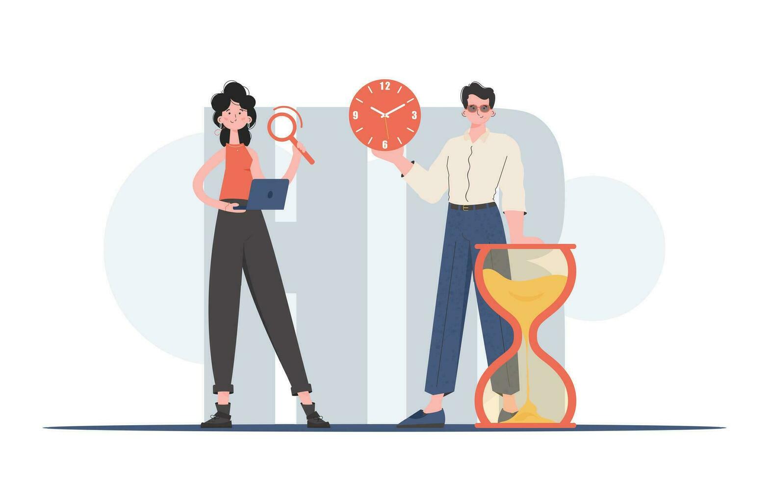 A man and a woman stand in full growth and hold a magnifying glass and an hourglass. Human resource. Element for presentation. vector