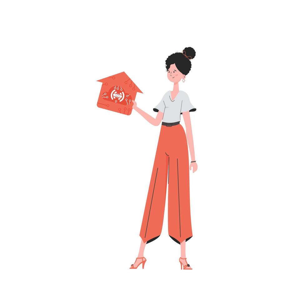 The woman is depicted in full growth, holding an icon of a house in her hands. Internet of things and automation concept. Vector illustration in flat style.