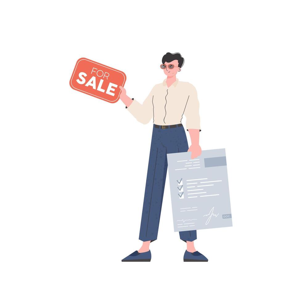 A man with a document and a tablet in his hands for sale. Real estate sale concept. Isolated. Vector illustration.