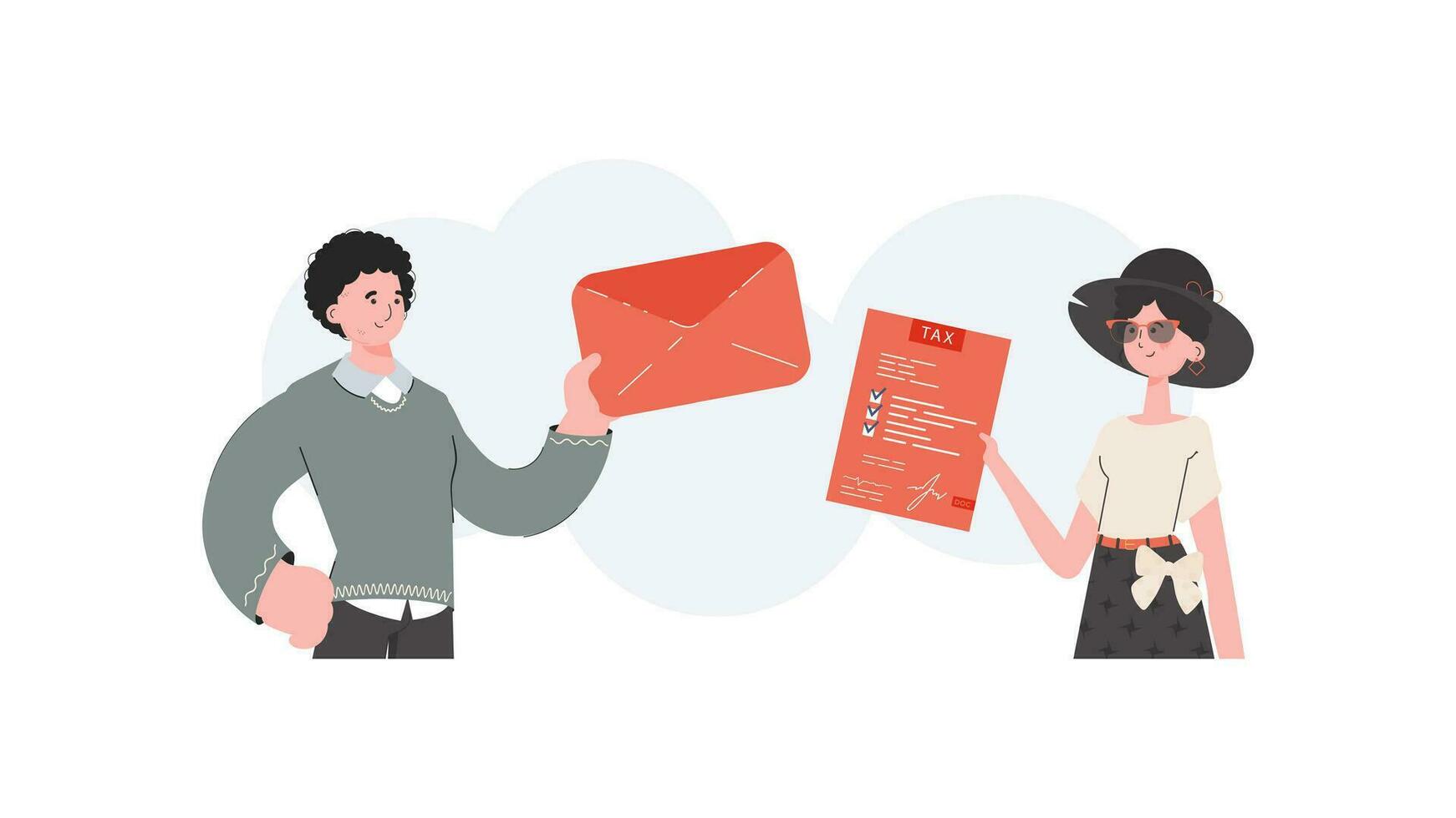 A man and a woman stand waist-deep filling out a tax return form. Filling out a tax return. Element for presentation. vector