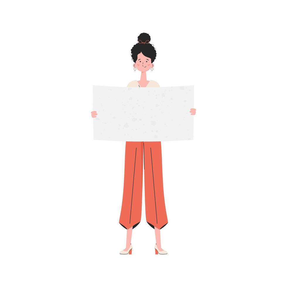 A woman stands in full growth holding a blank sheet in her hands. Isolated. Flat style. Element for presentations, sites. vector