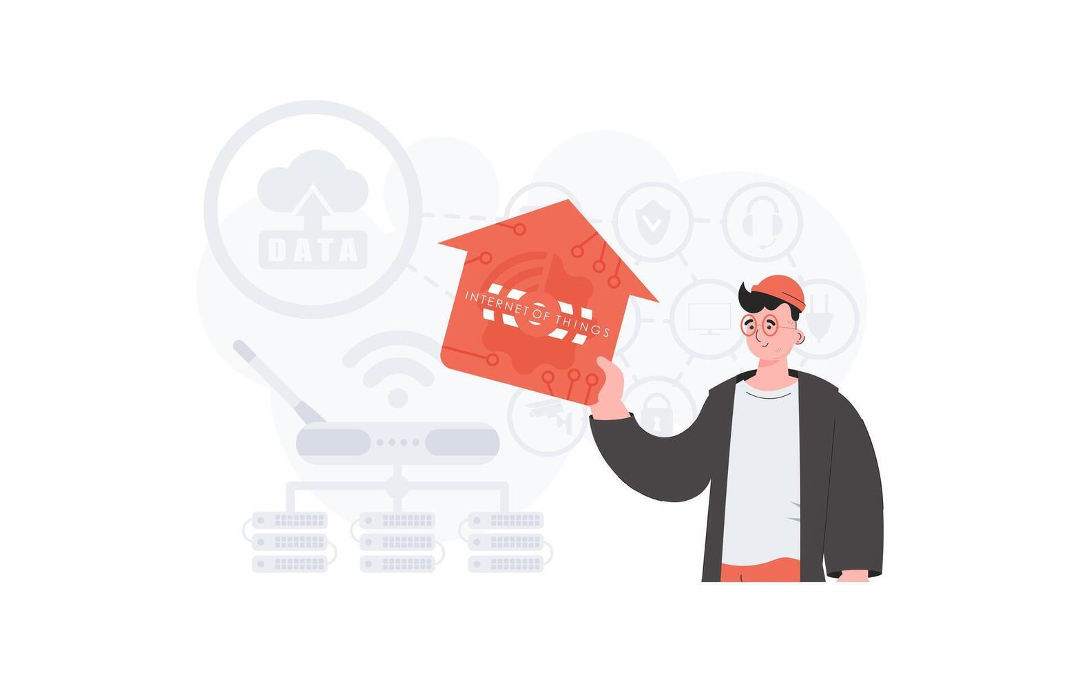 The man is depicted waist-deep, holding an icon of a house in his hands. Internet of things concept. Good for presentations and websites. illustration in trendy flat style. vector