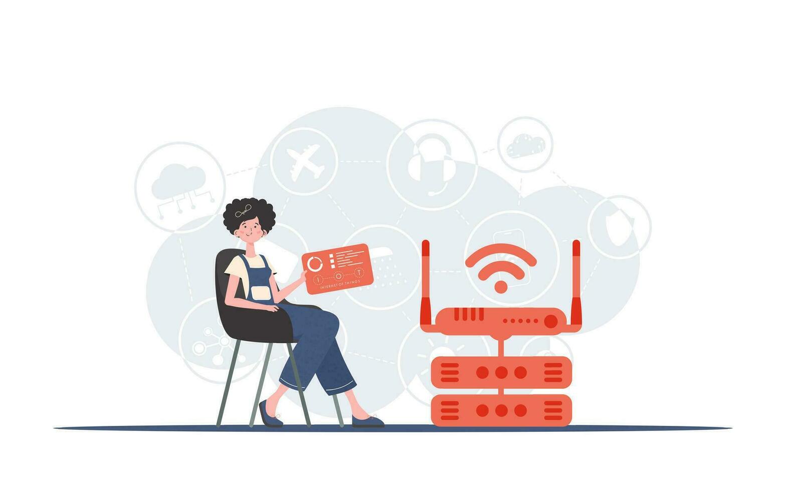 Internet of things concept. A woman sits in a chair and holds a panel with analyzers and indicators in her hands. Good for websites and presentations. Trendy flat style. Vector. vector