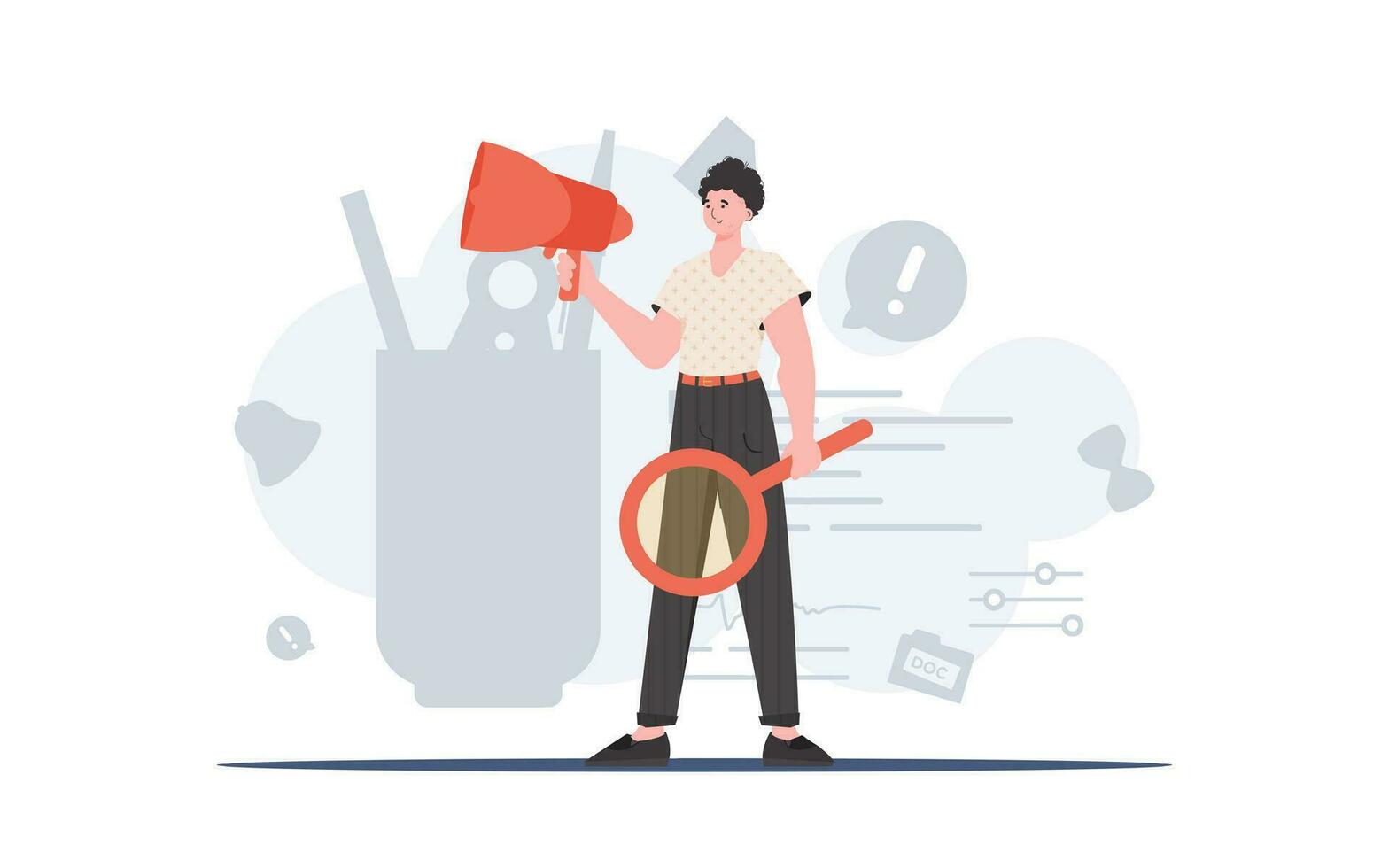 A man stands in full growth with a magnifying glass and a loudspeaker in his hands. Human resource. Element for presentation. vector