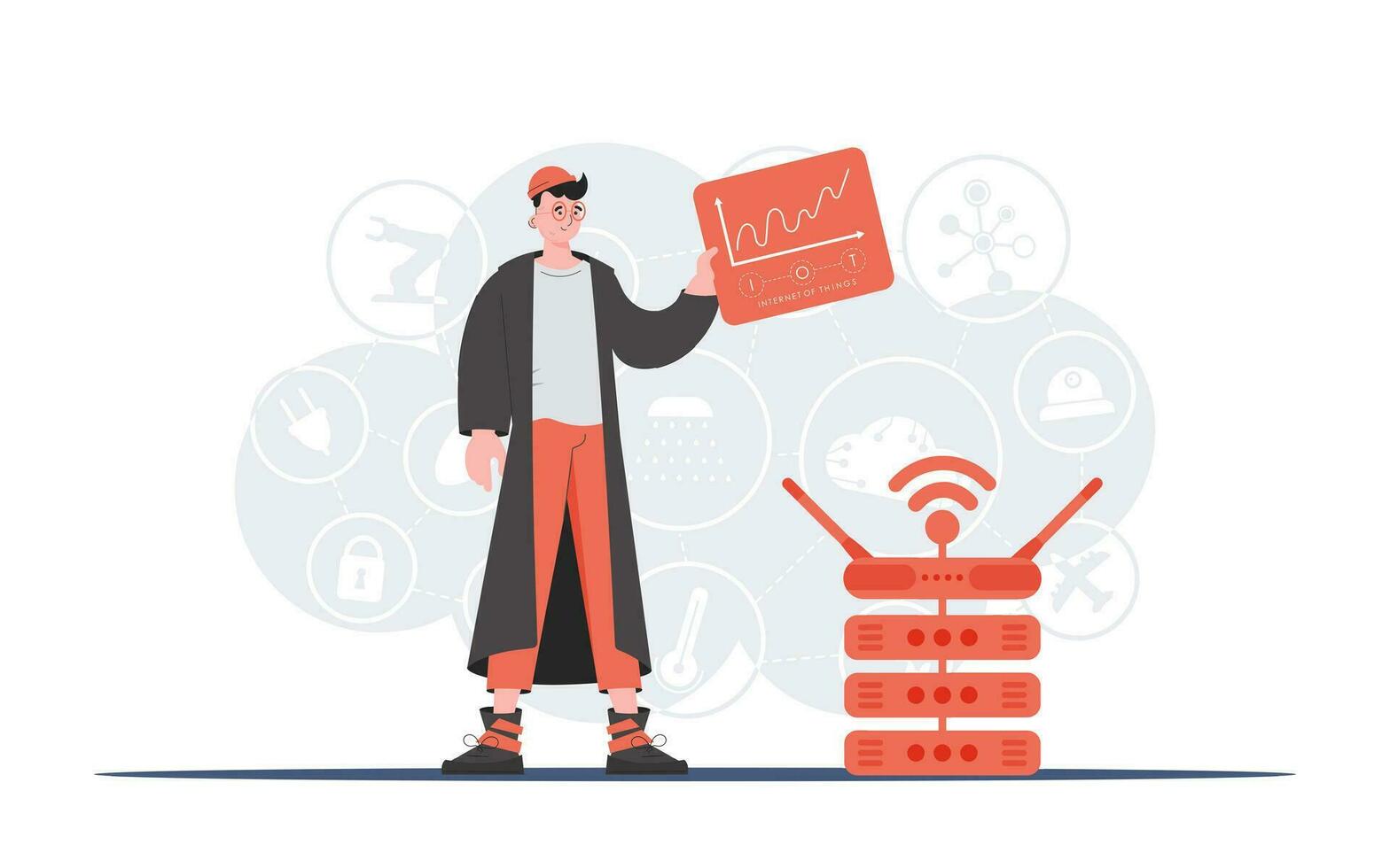 IoT concept. A man holds a panel with analyzers and indicators in his hands. Good for websites and presentations. Vector illustration in trendy flat style.