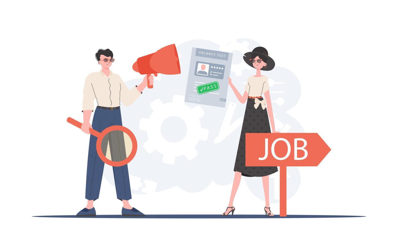 HR team. Man with a mouthpiece. A girl with a job test passed. The concept of finding employees. Trend style, vector illustration.