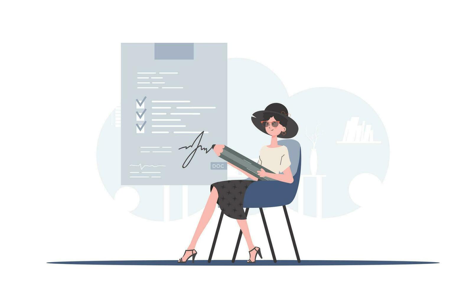 A woman sits in a chair and puts her signature on a corporate document with a pencil. Partnership. Element for presentation. vector