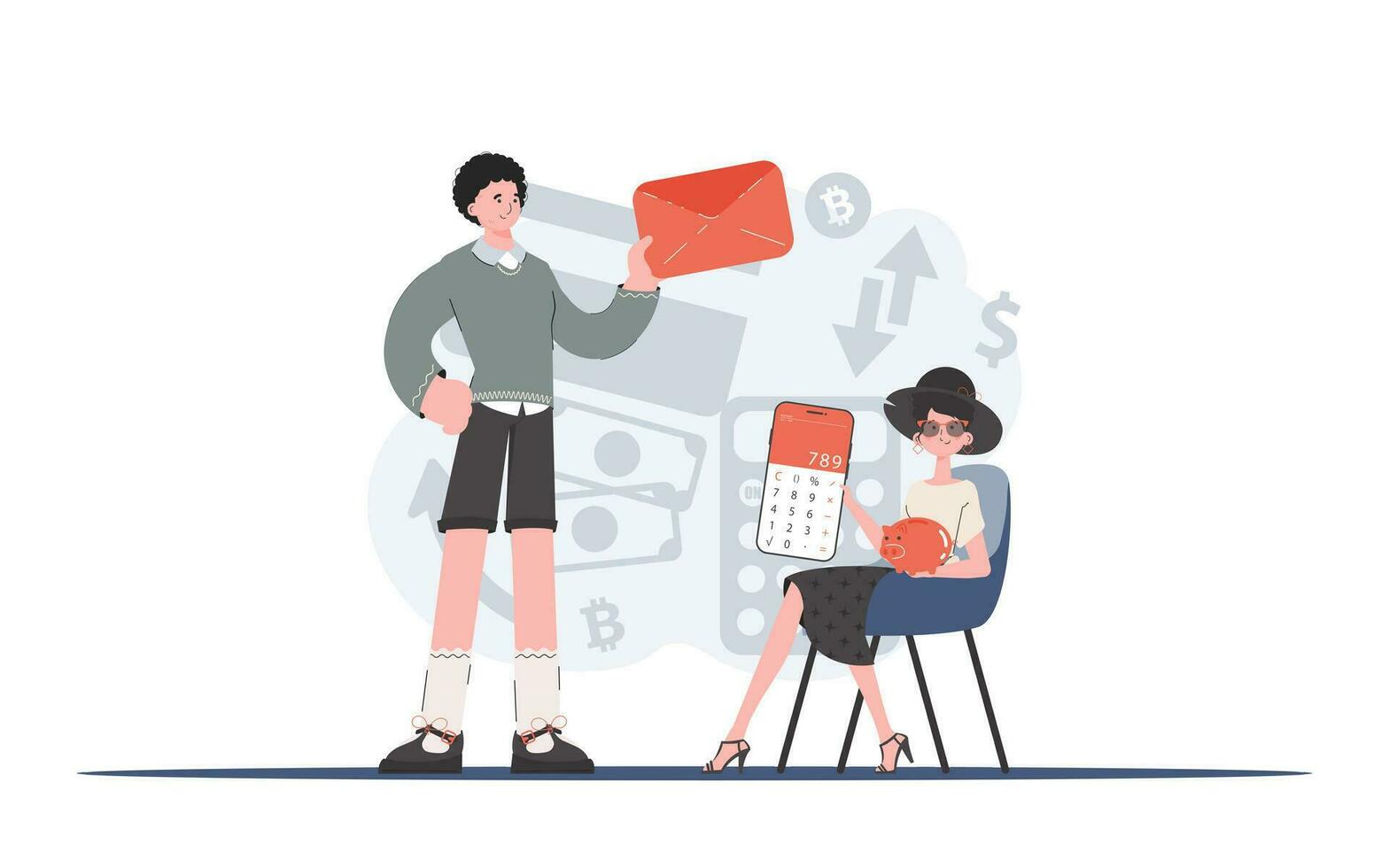 un hombre y un mujer sostener un calculadora y un sobre en su manos. efectivo contribución. elemento para presentación. vector