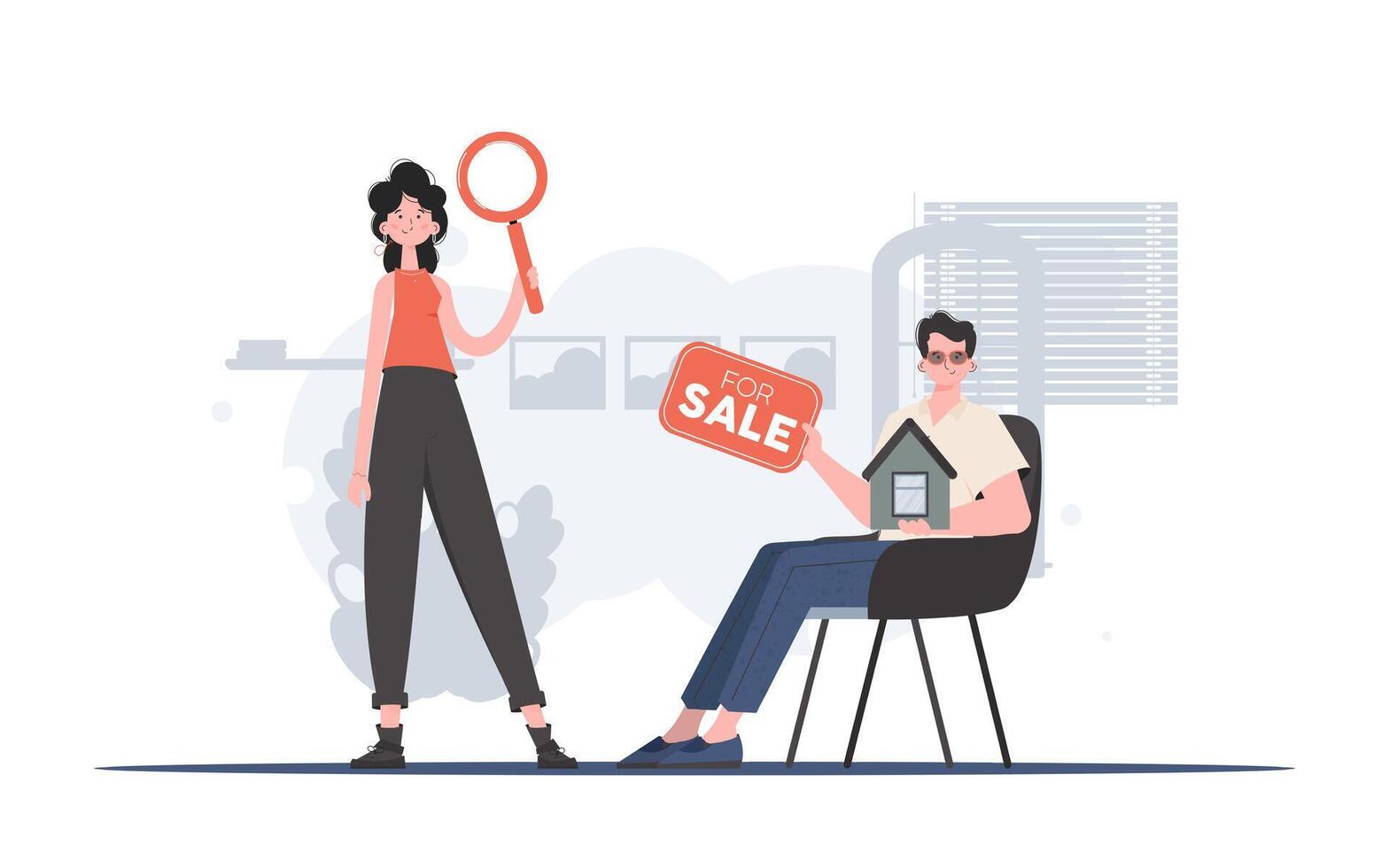 Guy and girl realtors. Real estate purchase concept. Good for websites