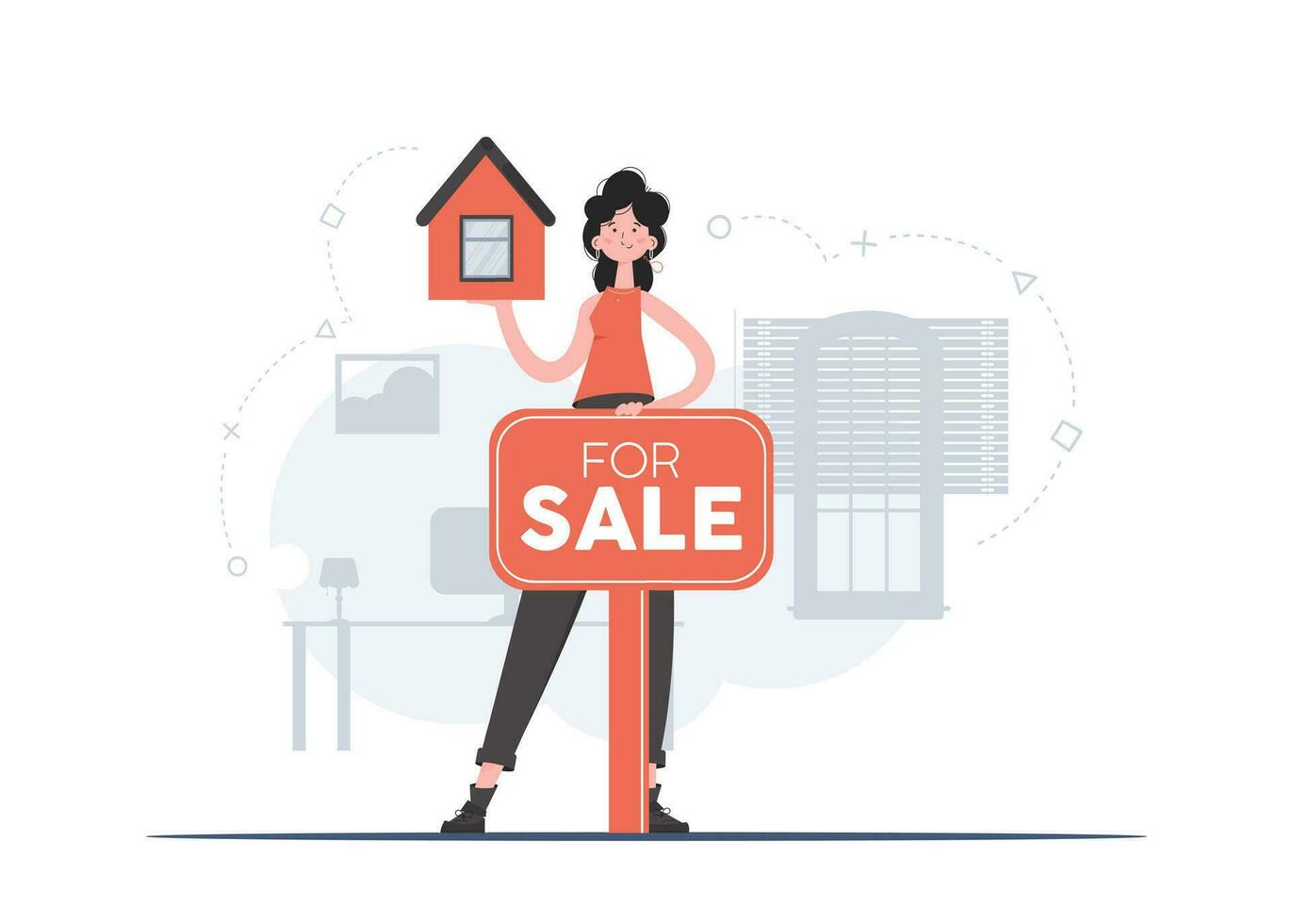 A woman stands in full growth and holds a model of the house. Property For Sale. Flat style. Element for presentations, sites. vector