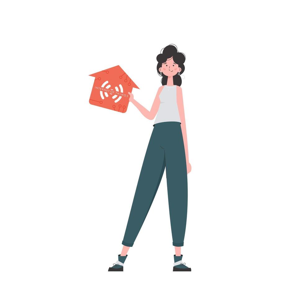 The woman is depicted in full growth, holding an icon of a house in her hands. Internet of things concept. Vector illustration in trendy flat style.