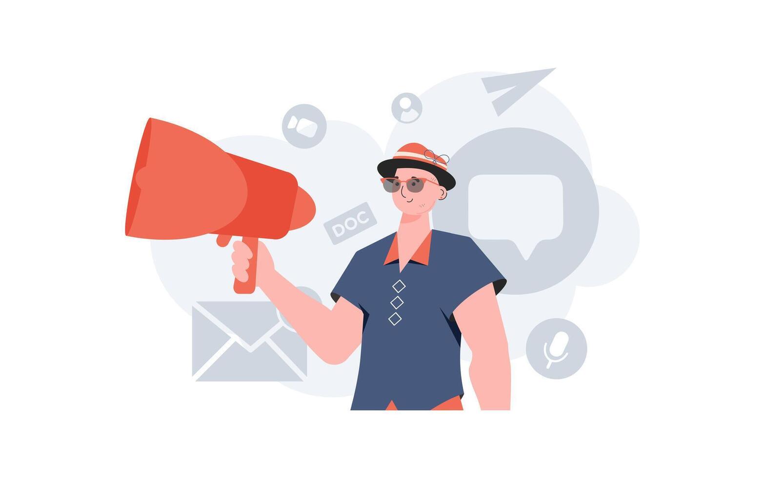 A man stands waist-deep in his hands with a megaphone. Search. Element for presentation. vector