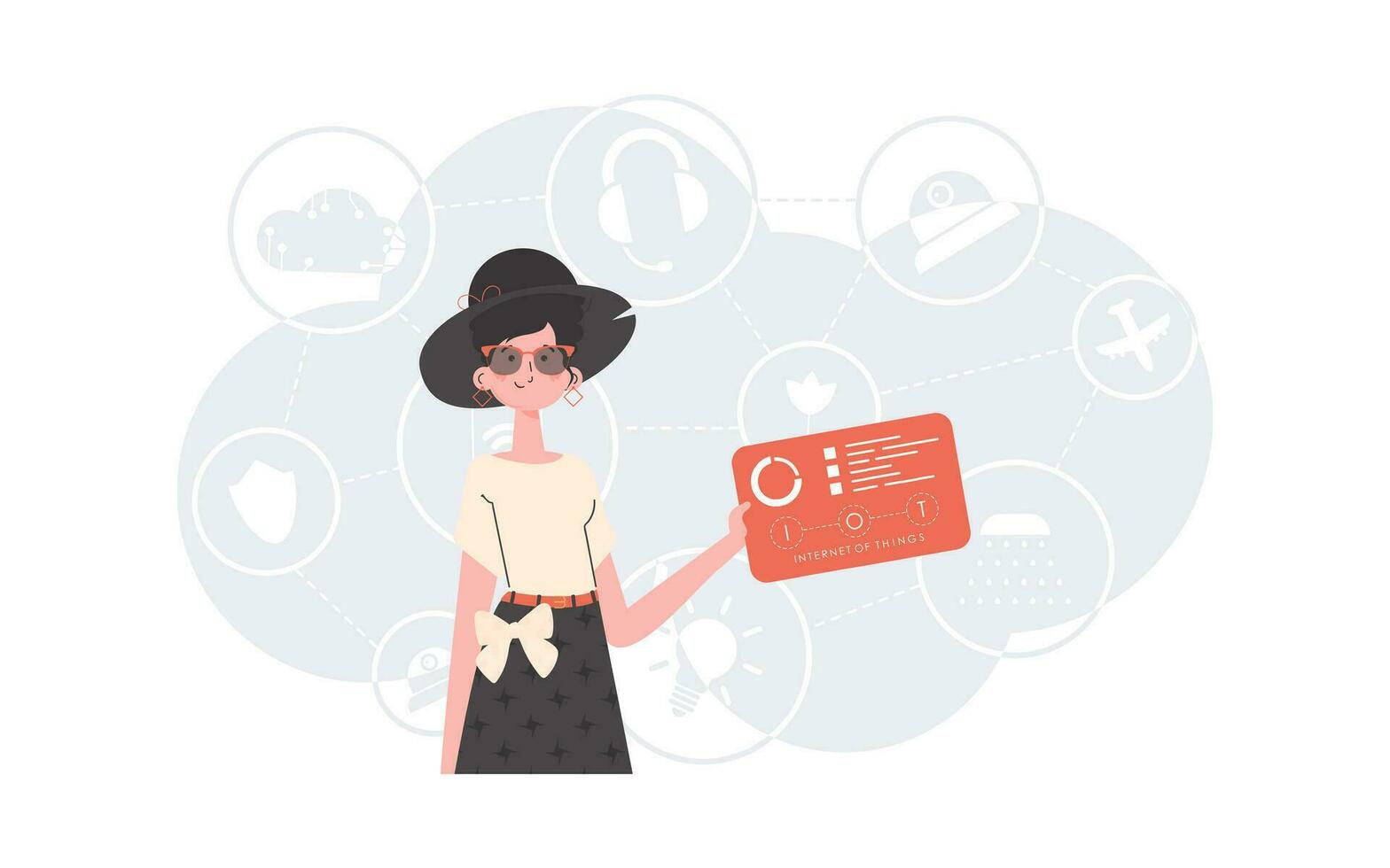 Internet of Things and Automation Concept. A woman holds a panel with analyzers and indicators in her hands. Good for websites and presentations. Trendy flat style. Vector. vector