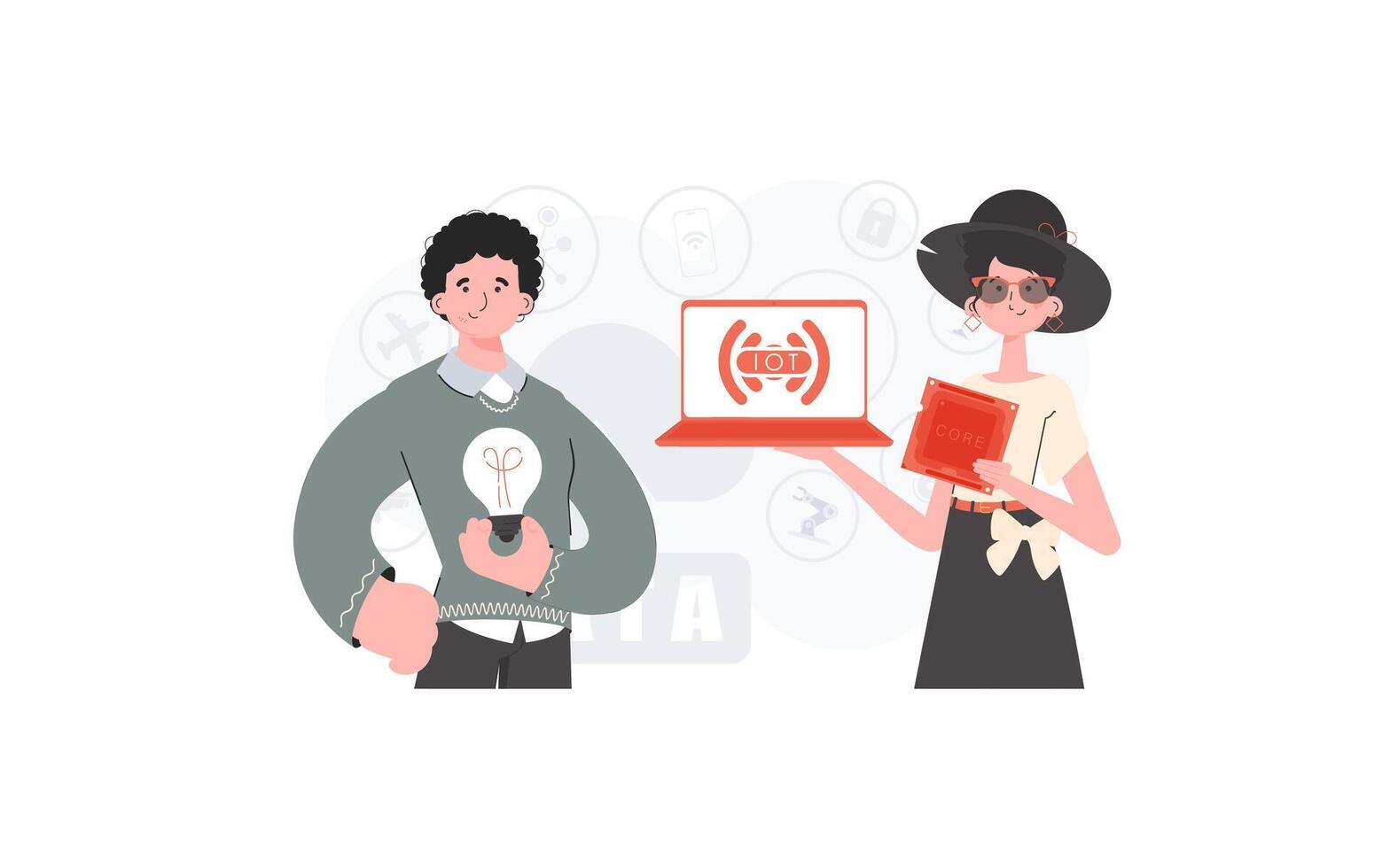 The girl and the guy are a team in the field of Internet of things. IoT concept. Good for websites and presentations. Trendy flat style. Vector. vector