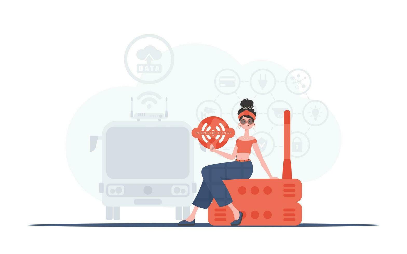 Internet of things concept. A woman holds the internet of things logo in her hands. Router and server. Good for presentations and websites. Trendy flat style. Vector illustration.