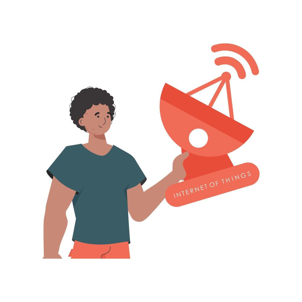 Internet of things concept. The guy is holding a satellite dish in his hands. Isolated. Vector illustration in trendy flat style.