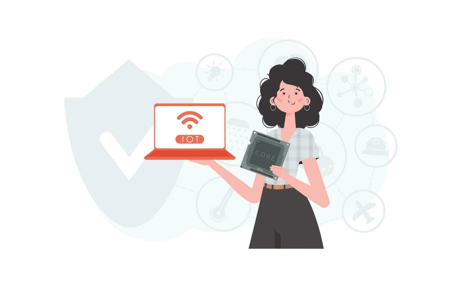 A woman holds a laptop and a processor chip in her hands. IOT and automation concept. Trendy flat style. Vector illustration.