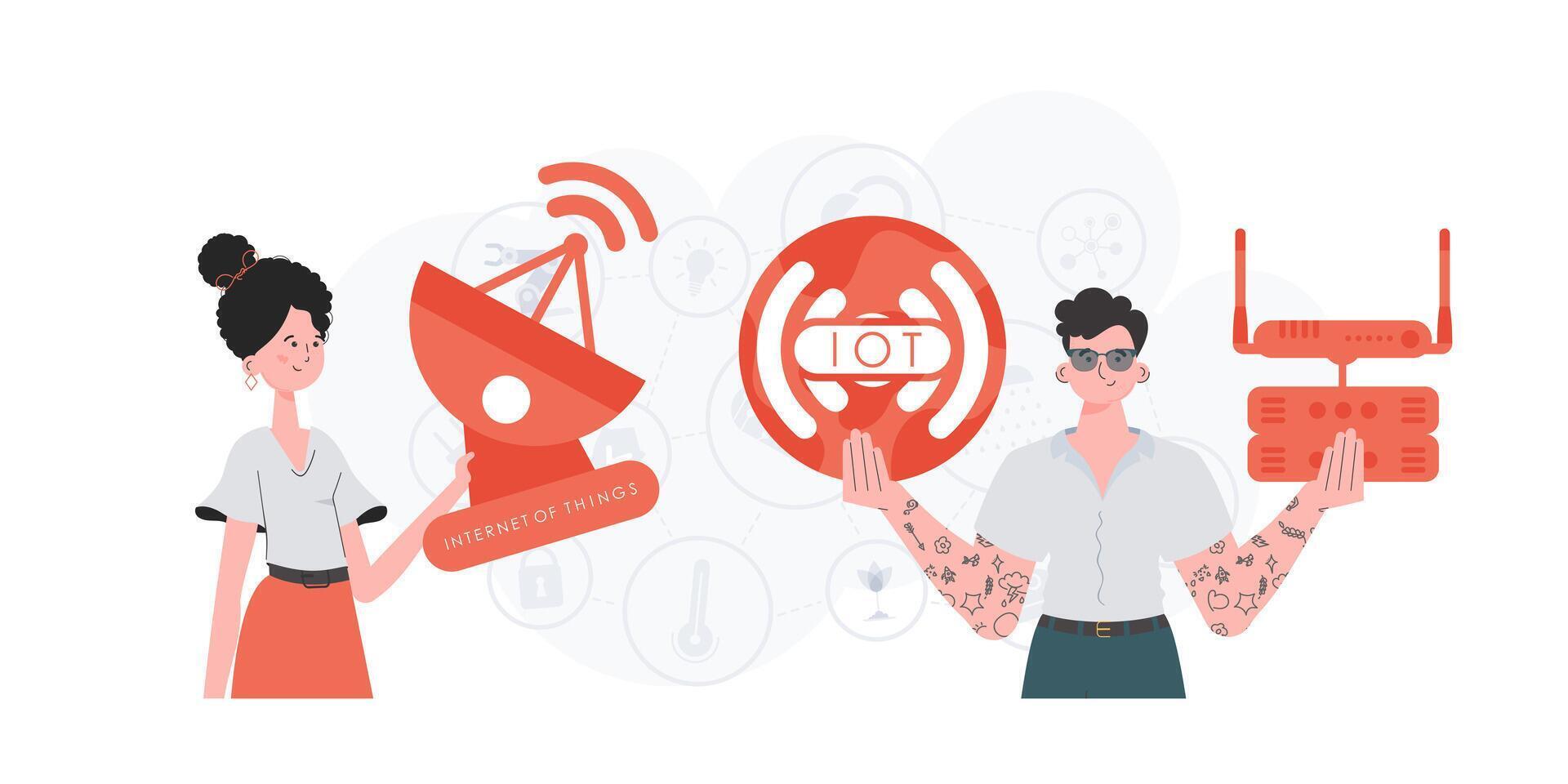 IOT and automation concept. A man and a woman are a team in the field of the Internet of things. Good for websites and presentations. Vector illustration in trendy flat style.