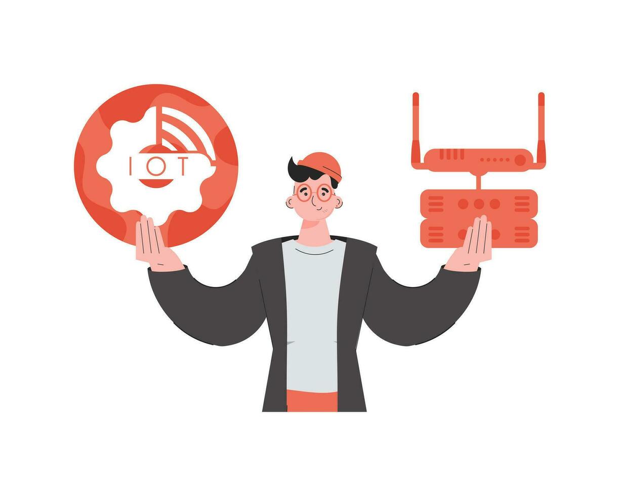 A man holds the internet of things logo in his hands. Router and server. Internet of things concept. Isolated. Vector illustration in flat style.