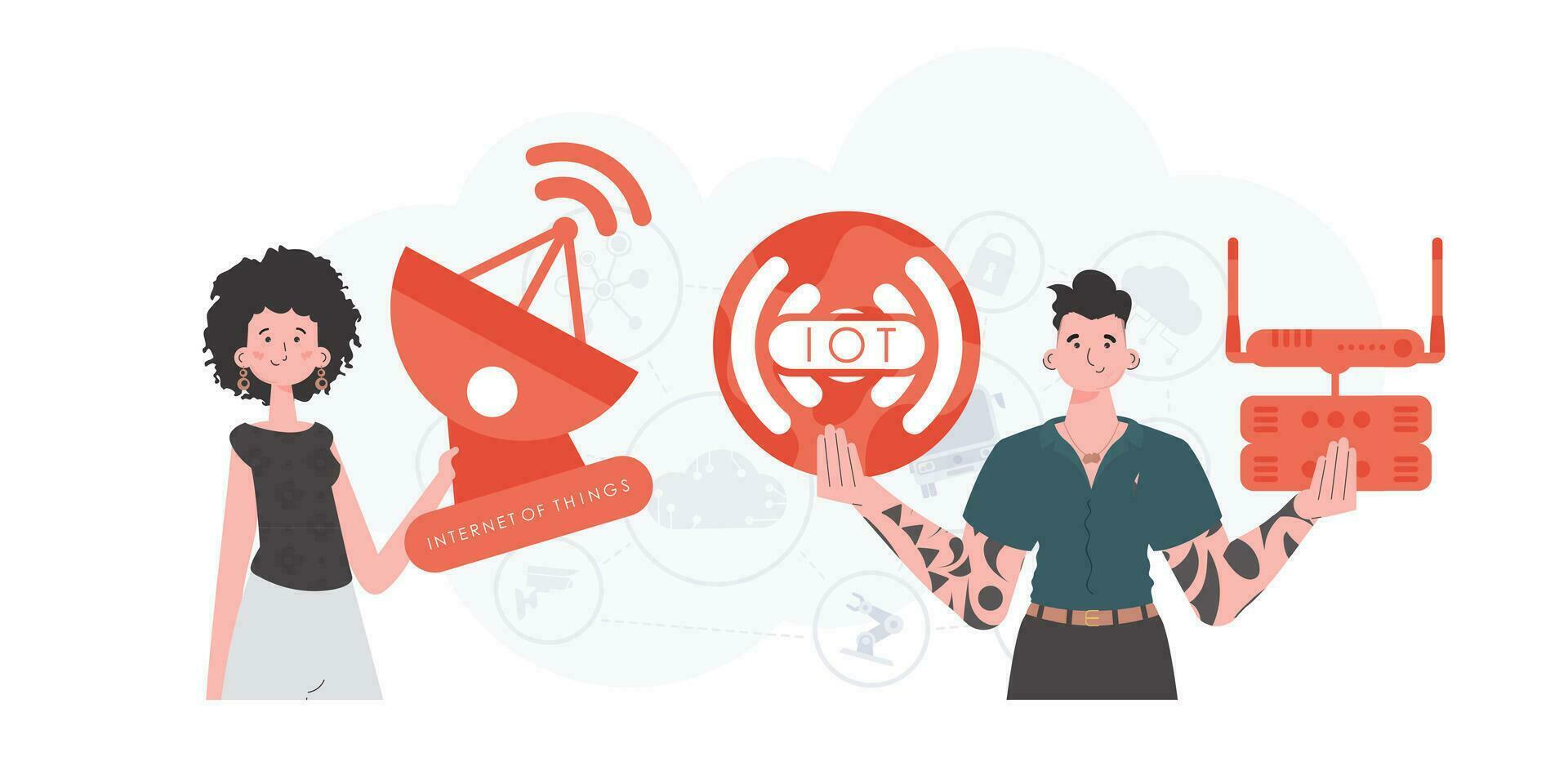 IOT and automation concept. A man and a woman are a team in the field of the Internet of things. Good for websites and presentations. Vector illustration in flat style.