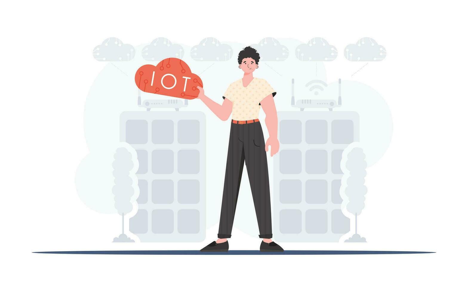 The guy is holding an internet thing icon in his hands. IoT concept. Good for websites and presentations. Vector illustration.
