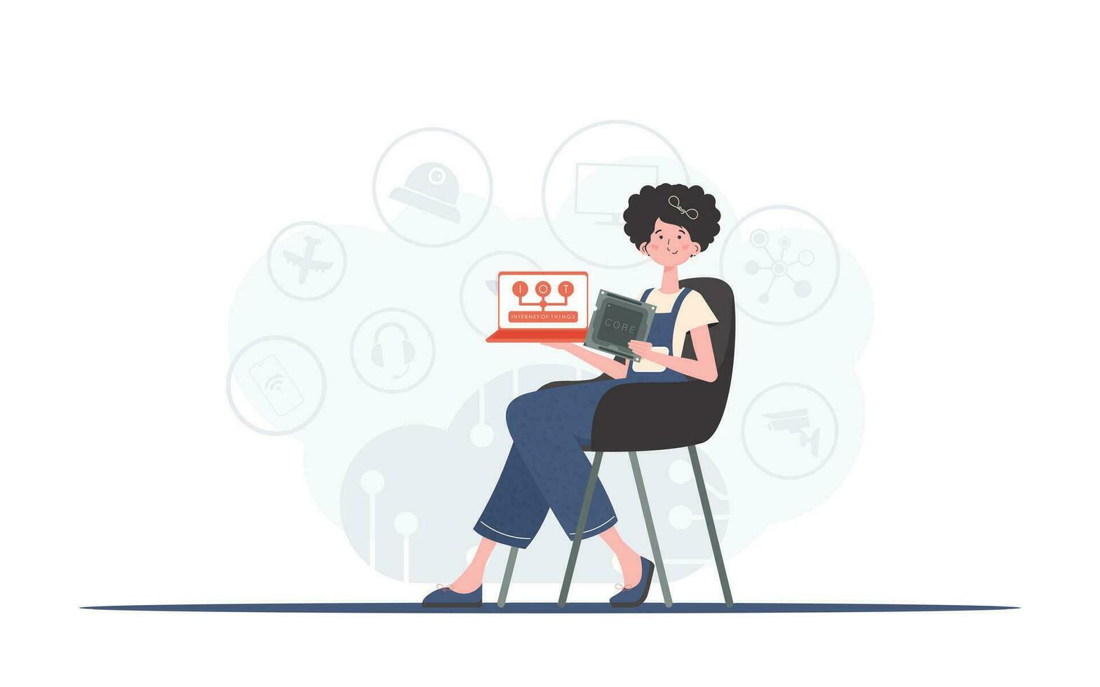A woman holds a laptop and a processor chip in her hands. IoT concept. Vector illustration in flat style.