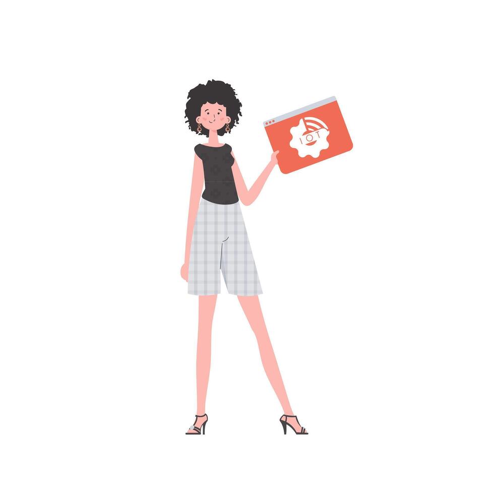 The girl holds the IoT logo in her hands. IOT and automation concept. Isolated. . vector