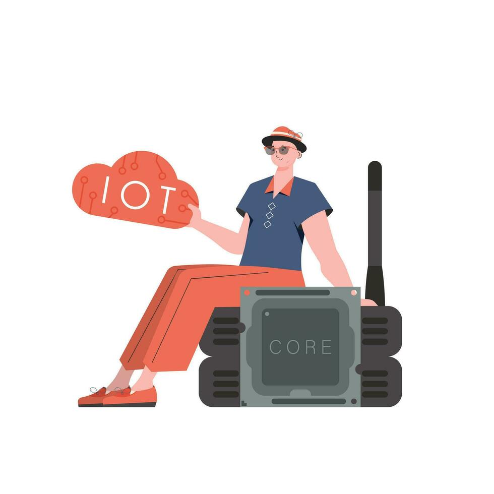 The guy sits on the router and holds the internet of things logo in his hands. Internet of things concept. Isolated. Trendy flat style. Vector. vector