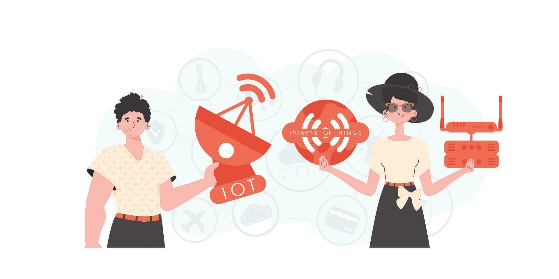 IoT concept. The girl and the guy are a team in the field of Internet of things. Good for websites and presentations. Vector illustration.