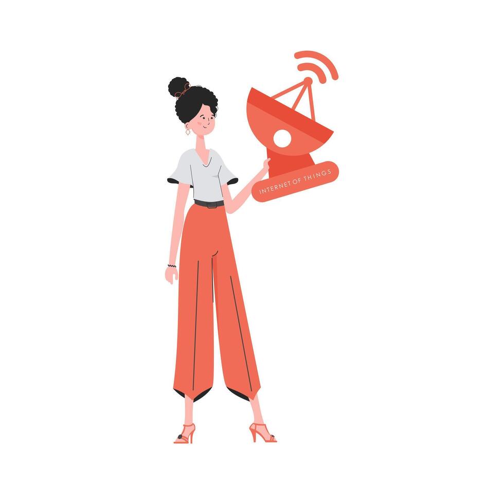 Internet of things and automation concept. A woman holds a satellite dish in her hands. Isolated on white background. Trendy flat style. illustration. vector