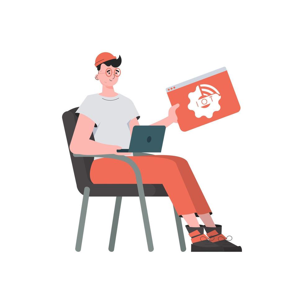 A man holds an IoT logo in his hands. Internet of things concept. Isolated. Trendy flat style. Vector illustration.