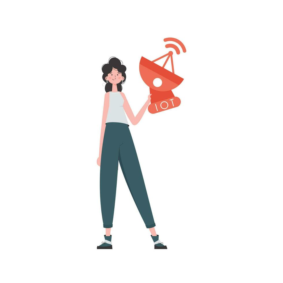 iot y automatización concepto. un mujer sostiene un satélite plato en su manos. aislado en blanco antecedentes. vector ilustración en de moda plano estilo.