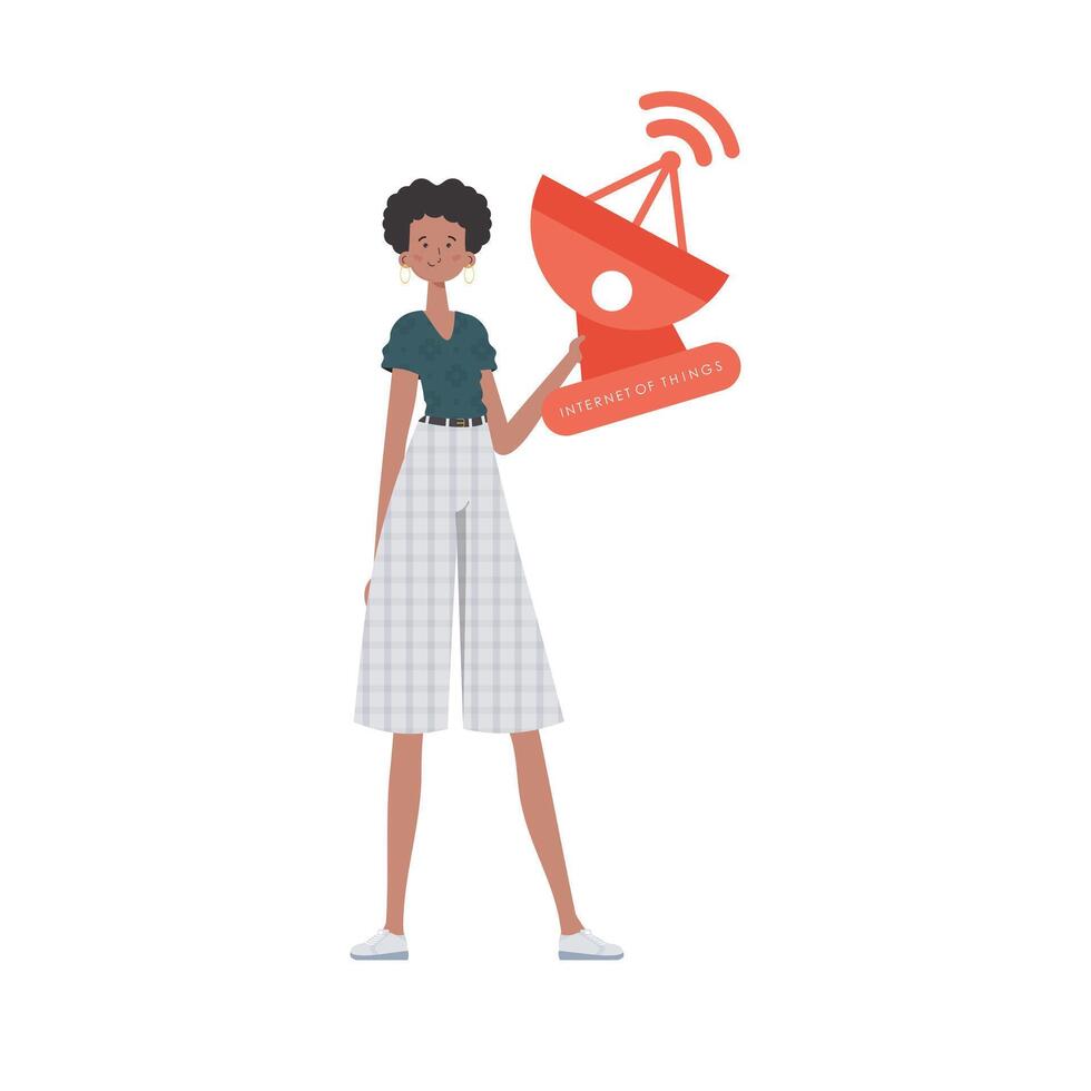 IOT and automation concept. A woman holds a satellite dish in her hands. Isolated. illustration in flat style. vector