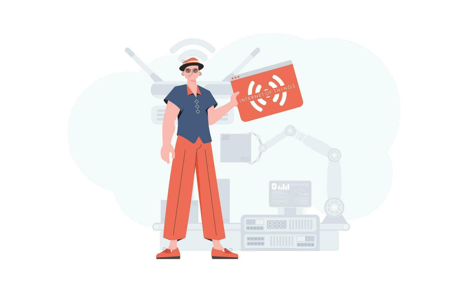 The guy is holding an internet thing icon in his hands. IoT concept. Good for presentations and websites. Trendy flat style. Vector. vector