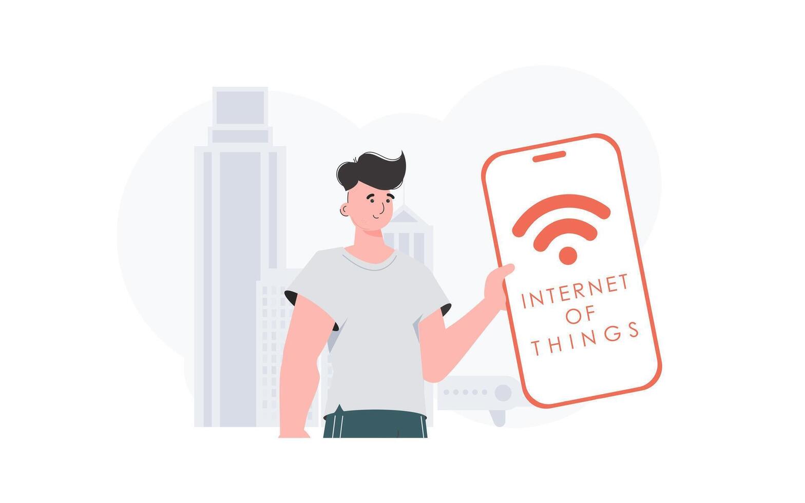 Internet of things and automation concept. The guy is holding a phone with the IoT logo in his hands. Vector. vector
