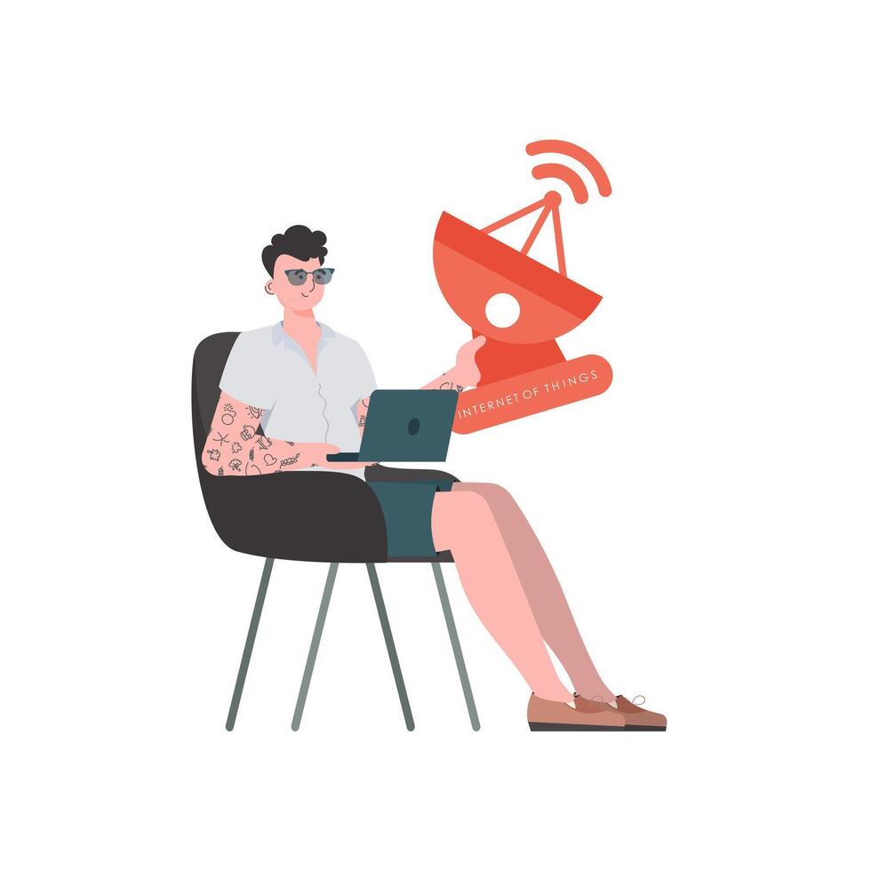 IoT concept. The guy is holding a satellite dish in his hands. Isolated on white background. Trendy flat style. illustration. vector
