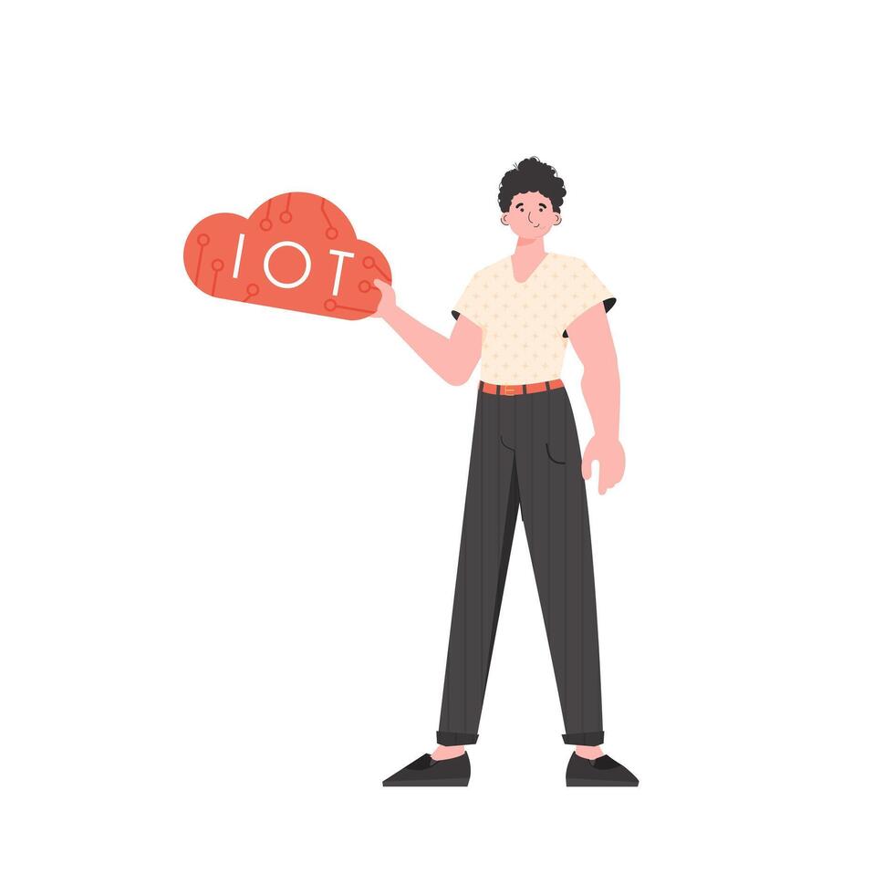 The guy holds the IoT logo in his hands. IoT concept. Isolated. Vector illustration in trendy flat style.