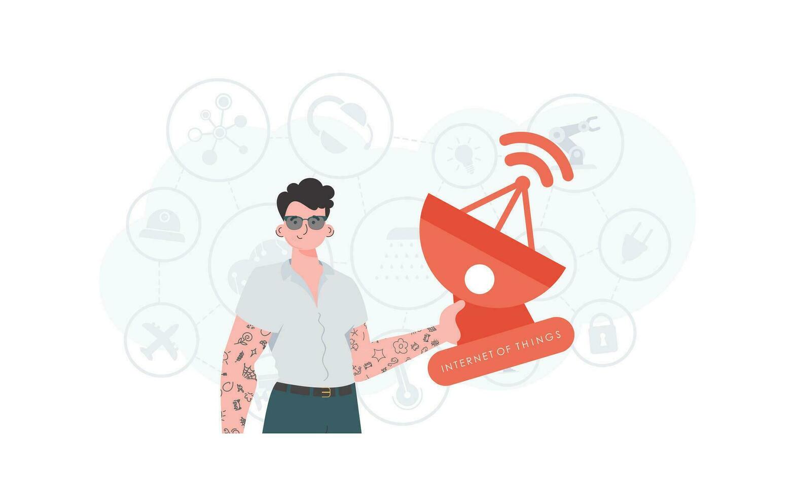 A man holds a satellite dish in his hands. IOT and automation concept. Good for presentations and websites. Trendy flat style. Vector illustration.