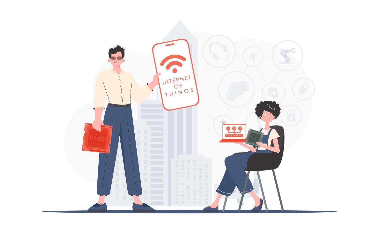 IOT and automation concept. A man and a woman are a team in the field of the Internet of things. Good for presentations and websites. Trendy flat style. . vector
