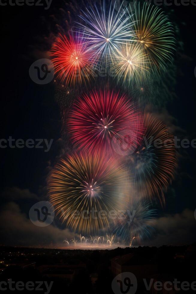 un manojo de fuegos artificiales son iluminado arriba en el noche cielo. ai generado foto