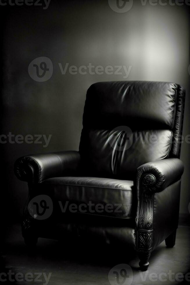 un negro y blanco foto de un cuero silla. ai generado