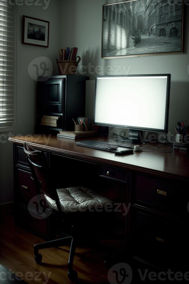A Desk With A Computer On Top Of It. photo