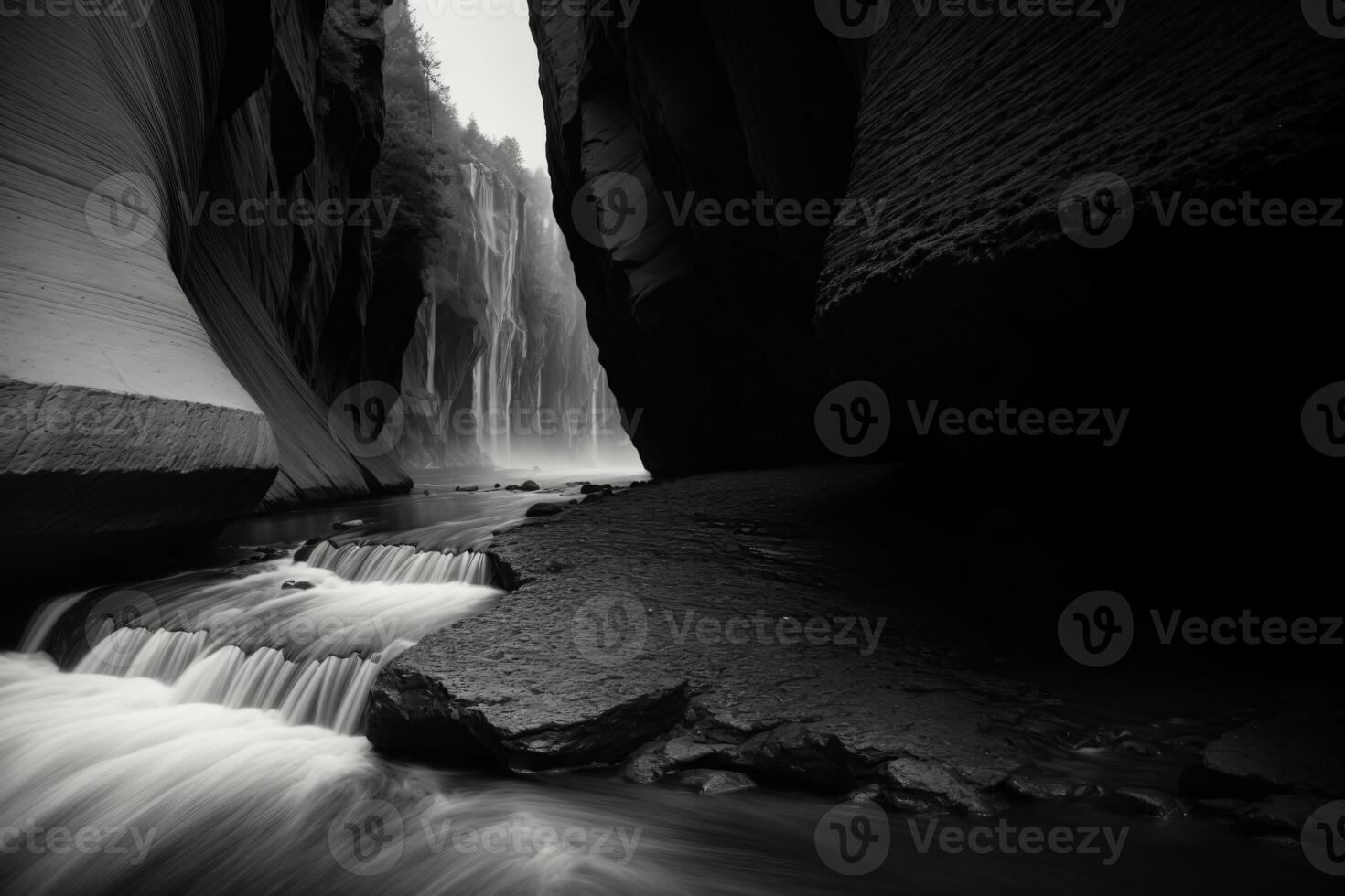 A Black And White Photo Of A Waterfall. AI Generated