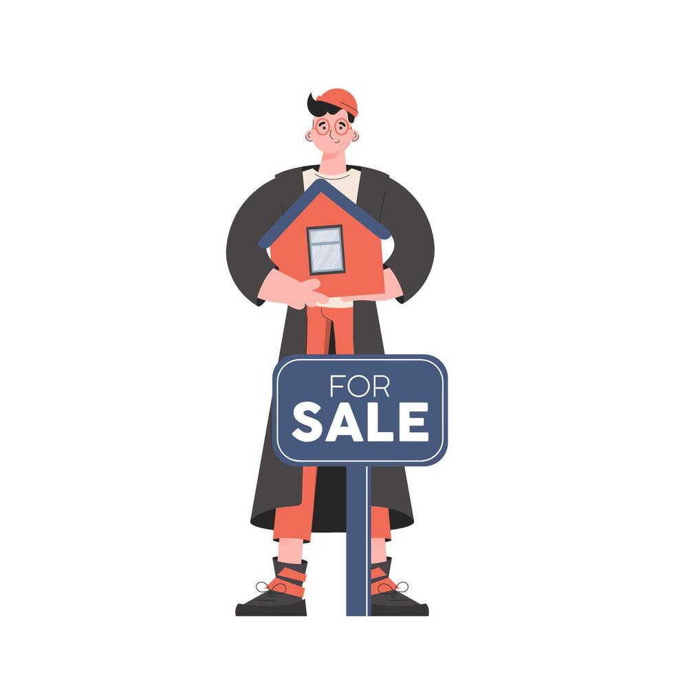 A man stands in full growth is engaged in the sale of real estate. Isolated. Flat style. Element for presentations, sites. vector