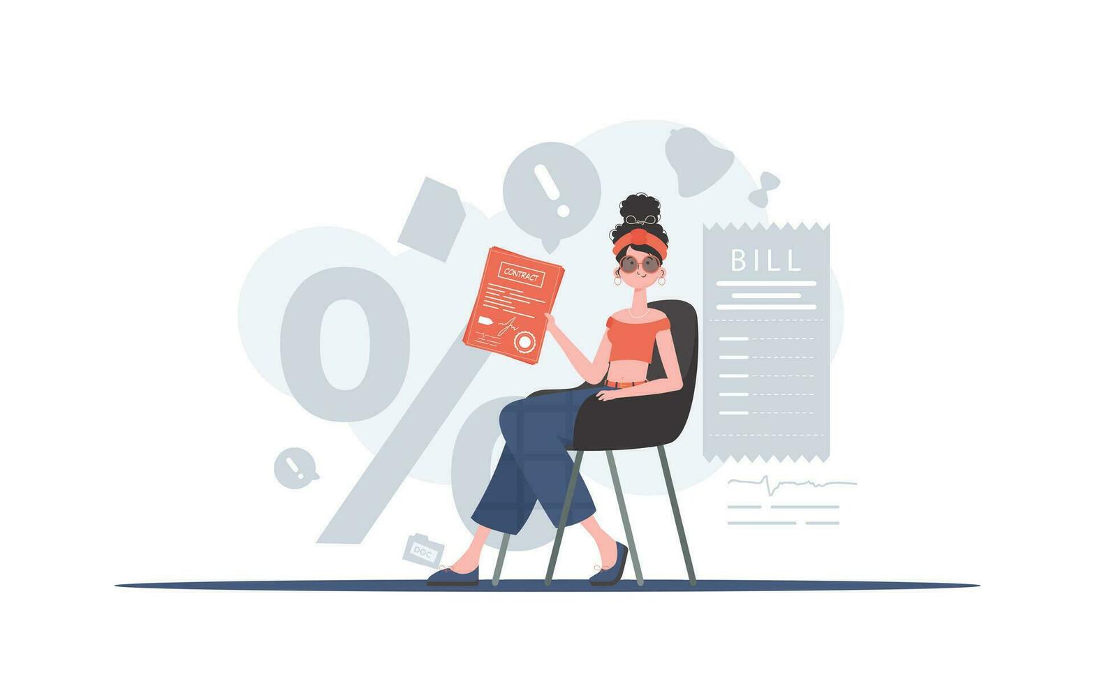 A woman sits in a chair and holds a contract in her hands. The concept of concluding contracts. Vector illustration in a flat style.