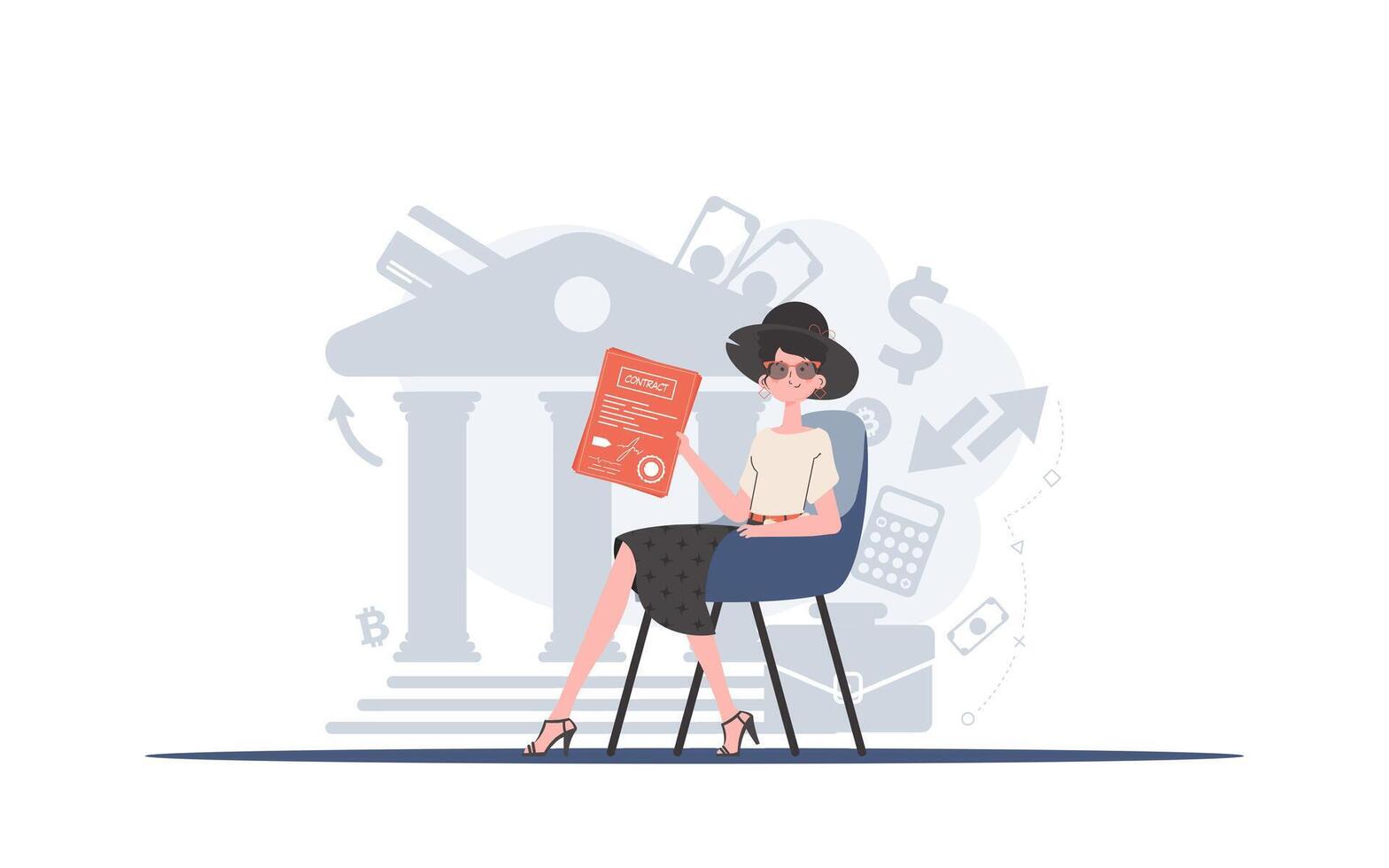 A woman sits in a chair and holds a contract in her hands. The concept of concluding contracts. illustration. vector