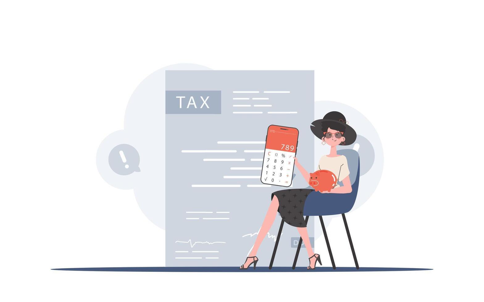 The girl sits in a chair and holds a calculator and a piggy bank in her hands. The concept of payment and calculation of taxes. illustration. vector