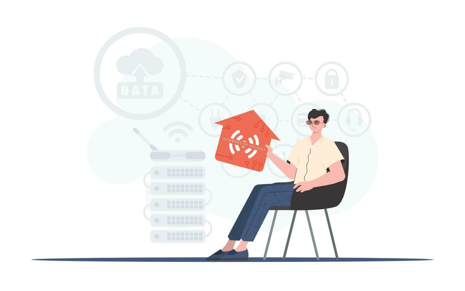 Internet of things concept. A man sits in an armchair and holds a house icon in his hands. Good for presentations. Vector illustration in trendy flat style.