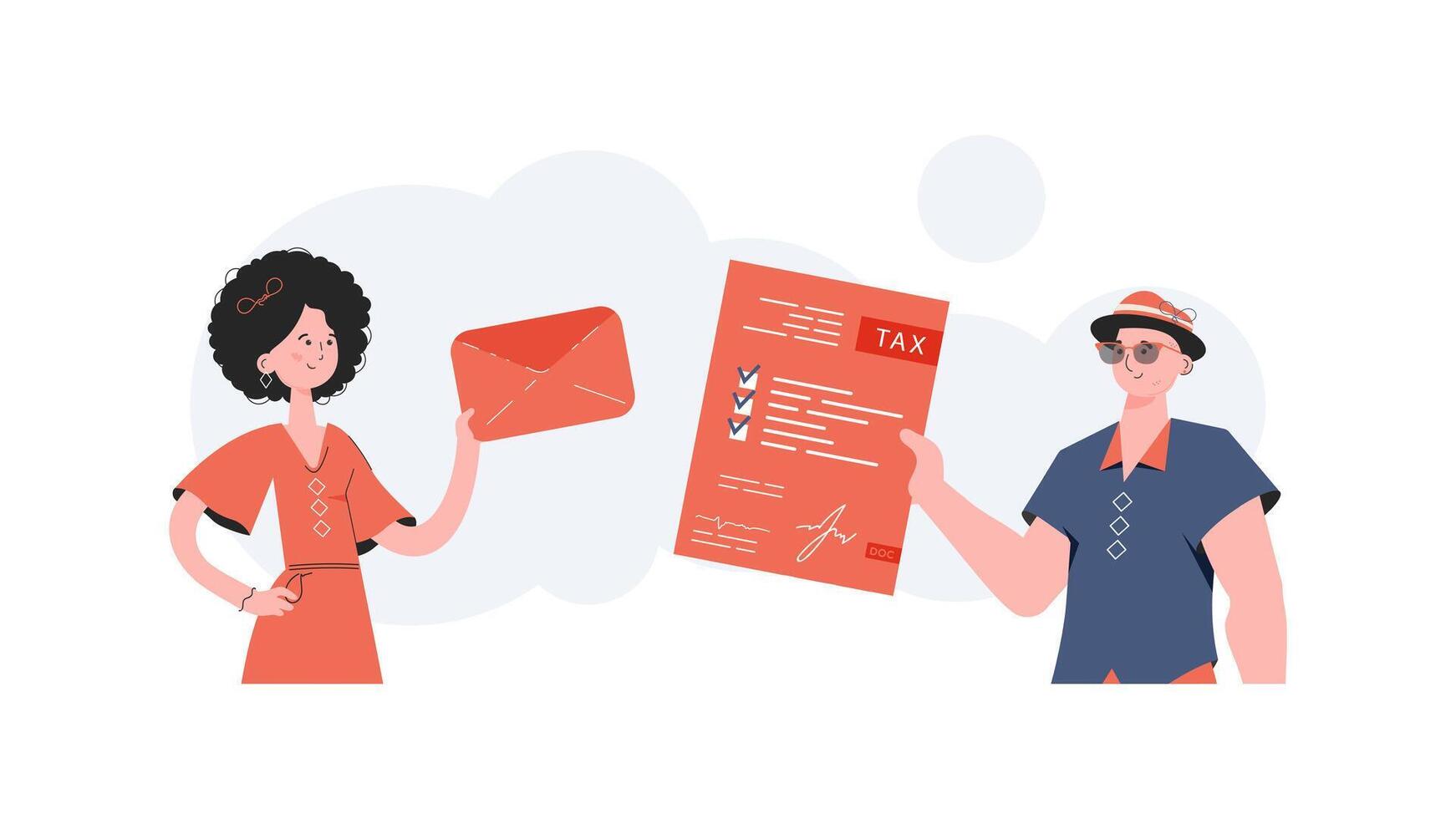 A man and a woman stand waist-deep and send a tax form in an envelope. Filling out a tax return. Element for presentation. vector