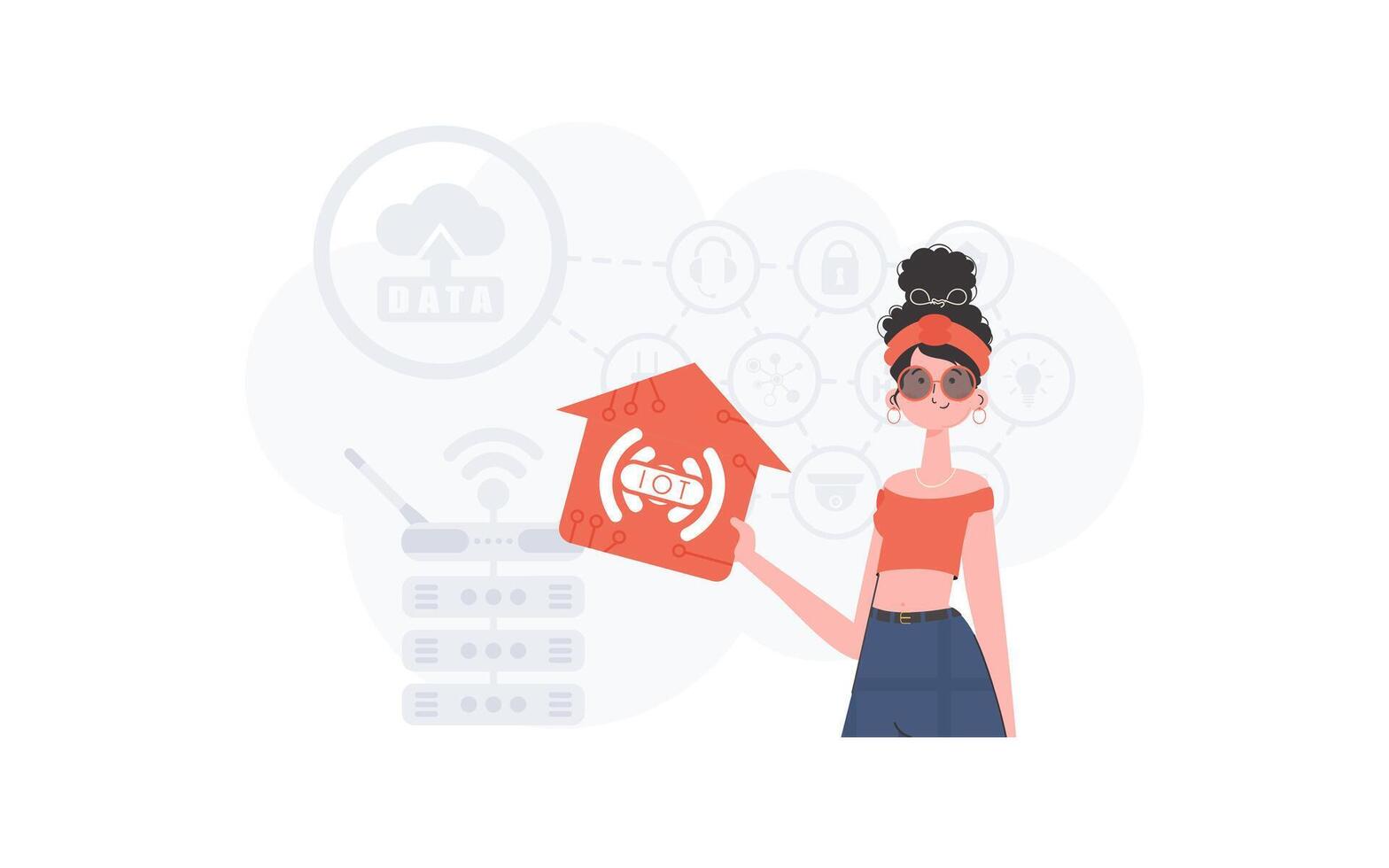 The woman is depicted waist-deep, holding an icon of a house in her hands. IoT concept. Good for presentations and websites. illustration in trendy flat style. vector